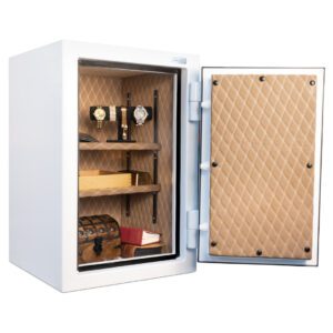 Open AMSEC AM3020Plus safe showcasing a tan, diamond-stitched interior with shelves holding gold bars, watches, jewelry, and valuables.