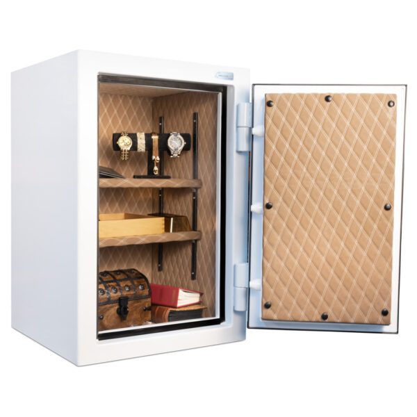 Open AMSEC AM3020Plus safe showcasing a tan, diamond-stitched interior with shelves holding gold bars, watches, jewelry, and valuables.